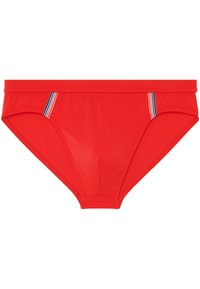 Červené plavecké boxerky s hladkým povrchem, s bočními akcenty modrých, bílých a červených pruhů; střední výška a elastický pas.