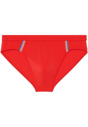 Červené plavecké boxerky s hladkým povrchem, s bočními akcenty modrých, bílých a červených pruhů; střední výška a elastický pas.