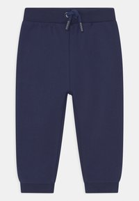 Pantaloni della tuta blu navy con cintura regolabile, polsini a costina e una texture liscia. Design semplice, adatto per abbigliamento casual.