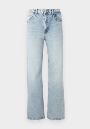 Lyse blå denimjeans med høy midje, vid benpassform og subtil fading. Har klassisk fem-lommers design og metalknapplukking.