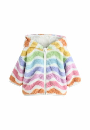 Flauschige Kleinkinderjacke mit Kapuze, weißem Reißverschluss und wellenförmigen Regenbogenstreifen in Pastellorange, Gelb, Grün, Blau, Lila, Rosa und Weiß.
