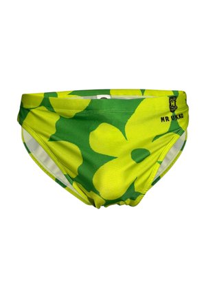 Slip de bain pour hommes avec un large motif floral jaune sur fond vert et le logo "MR UKKO" sur la ceinture.