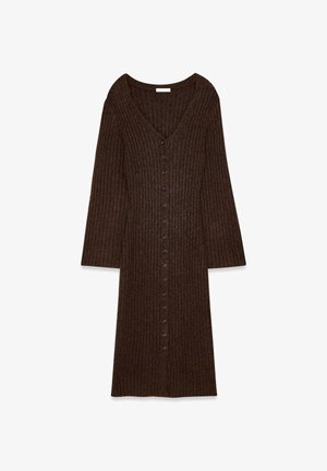 Brown ribbed cardigan dress with a V-neck, long sleeves, and a button-down front. Features a relaxed silhouette and soft texture.