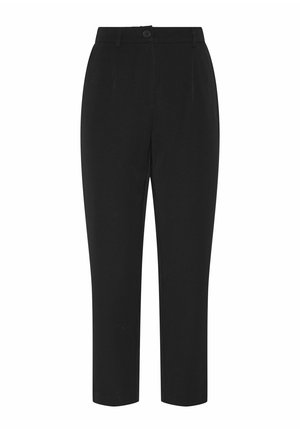 Melni bikses ar gludu audumu, piedāvā pogu aizdari, priekšējās krokas un sašaurinātu kāju dizainu. Redzamas nav kabatas.