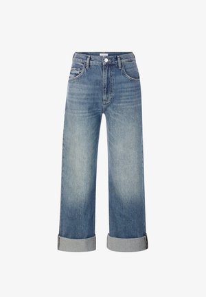 Gaiši zili džinsi ar augstu jostasvietu, plašu kāju piegriezumu un sarullētām piedurknēm. Iespējas ietver klasisko piecu kabatu dizainu un priekšējo pogu aizdari.