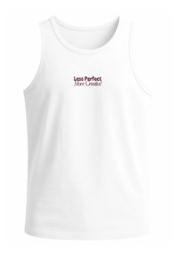 White sleeveless tank top with a round neck. Features burgundy text that reads "Less Perfect More Creative" centered on the front.