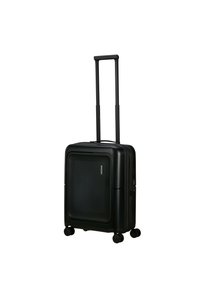 Valigia rigida nera con superficie testurizzata, manico retraibile, quattro ruote e un design semplice. Presenta un logo discreto nella parte anteriore.