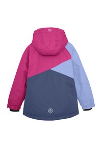 Flerfärgad jacka med huva, geometrisk design med rosa, ljusblå och marinblå sektioner, samt elastiska cuffar för förbättrad passform.