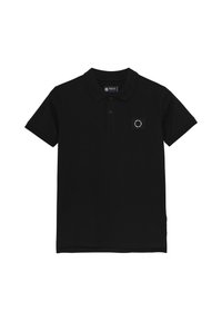 T-shirt polo noir en coton avec un col classique, trois boutons, manches courtes et un petit logo sur la poitrine gauche.