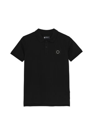 T-shirt polo noir en coton avec un col classique, trois boutons, manches courtes et un petit logo sur la poitrine gauche.