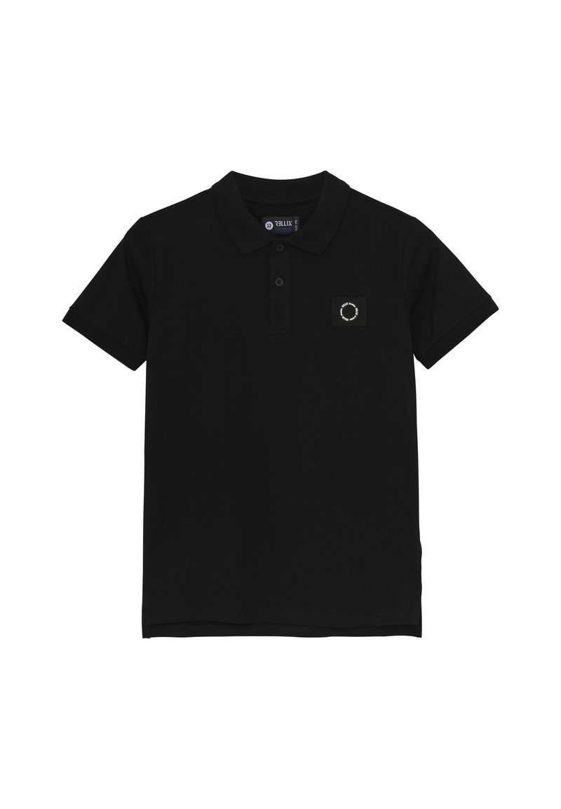 T-shirt polo noir en coton avec un col classique, trois boutons, manches courtes et un petit logo sur la poitrine gauche.