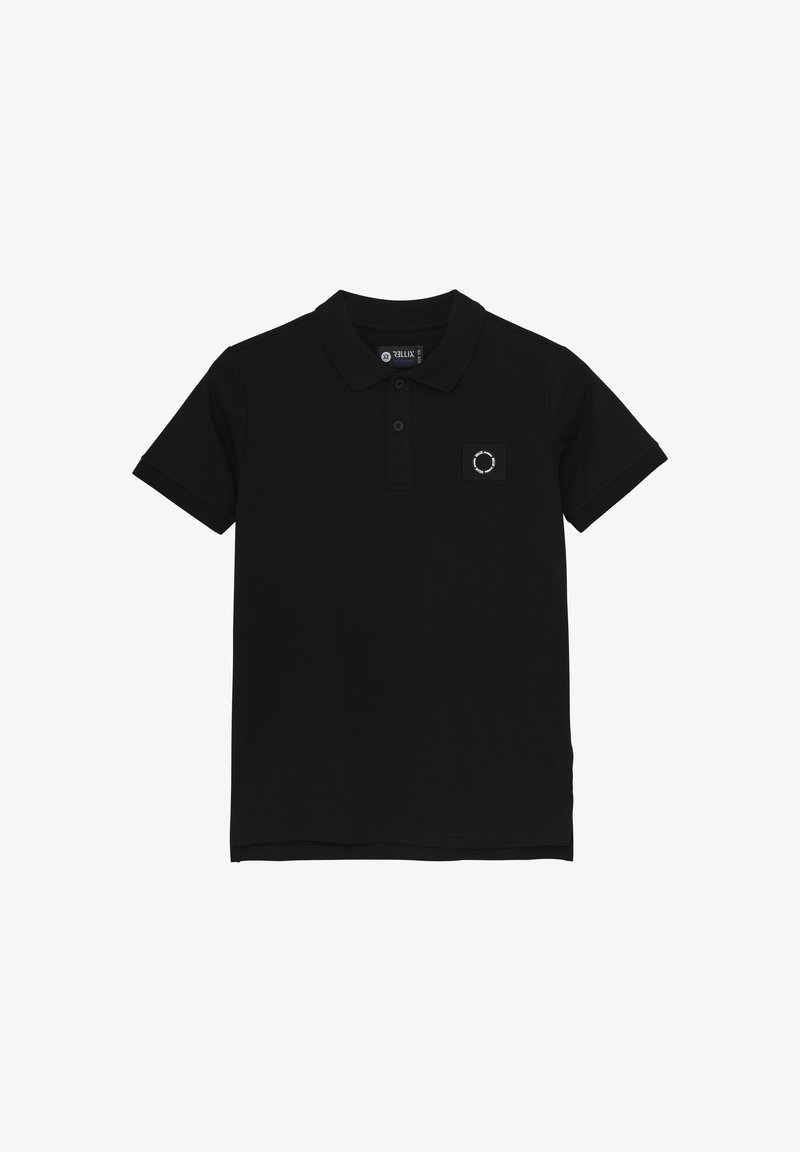 Schwarzes Polohemd aus Baumwolle mit klassischem Kragen, drei Knöpfen, kurzen Ärmeln und einem kleinen Logo-Patch auf der linken Brust.