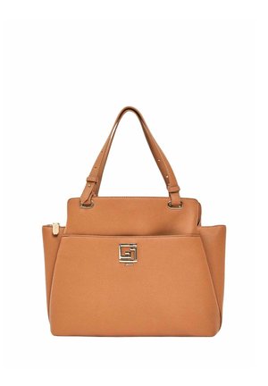 Borsa in pelle color cuoio con doppio manico superiore, tasca frontale, emblema quadrato tono oro e dettaglio con cerniera laterale.