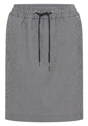 Jupe à rayures verticales grises et blanches avec une taille élastique et un cordon noir à l'avant.