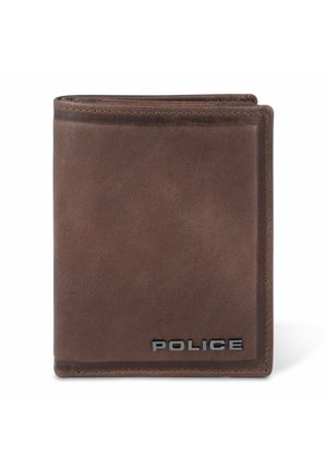 Brown leather wallet with a textured surface, bi-fold design, and a black "POLICE" logo on the lower front corner.
