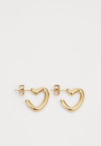 Orecchini a perno a forma di cuore in oro, con una finitura liscia e lucida e bordi arrotondati, caratterizzati da un design semplice per il perno e il retro.