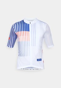 White cycling jersey with blue and orange vertical stripes, short sleeves, mesh fabric on side panels, and a front zipper. Features "LE COL" label.