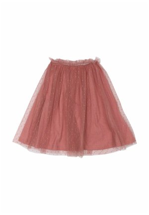 Jupe rose mi-longue avec un overlay transparent orné de petits points dorés et une taille élastique.