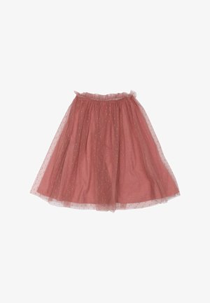 Jupe rose mi-longue avec un overlay transparent orné de petits points dorés et une taille élastique.