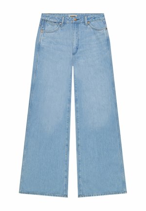 Lyseblå vidbenet cowboybukser med forlommer, bæltestropper, knaplukning og Wrangler-mærke på linningen.