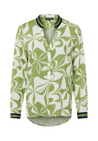 Langärmlige Bluse mit grün-weißem, abstraktem Blumenmuster, geknöpftem V-Ausschnitt sowie dunkelgrün gestreiftem Kragen und Manschetten.