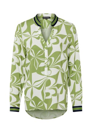 Long-sleeve blouse with green and white abstract floral pattern, buttoned V-neck, and navy-green striped collar and cuffs.
