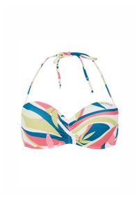 Top bikini con un motivo astratto multicolore in blu, rosa e verde. Presenta un centro arricciato e spalline regolabili.