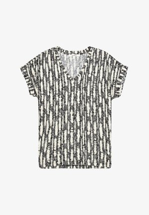 Korte mouwen V-hals top met een zwart-wit abstract patroon op een lichtgewicht stof, met een ontspannen pasvorm en een licht geribbelde textuur.