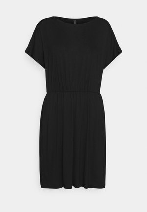 Vestido negro de longitud a la rodilla con mangas cortas y cintura fruncida, exhibido sobre un fondo blanco.
