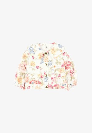 Kurtka dla dziecka z dużym kołnierzem, długimi rękawami, złotymi guzikami i wielokolorowym kwiatowym wzorem w odcieniach różu, żółci, niebieskiego i zieleni na białym materiale.