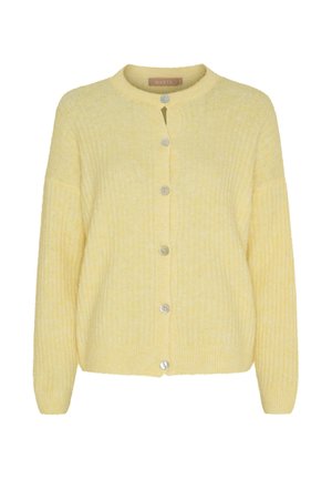 Lysegul ribstrikket cardigan med lange ærmer og seks runde knapper foran, med en rund halsudskæring.