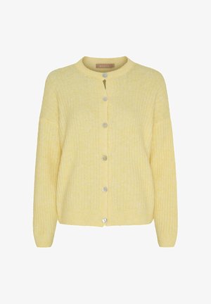 Lysegul ribstrikket cardigan med lange ærmer og seks runde knapper foran, med en rund halsudskæring.