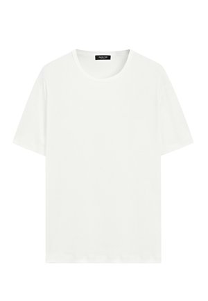 Effen wit T-shirt met korte mouwen, ronde hals en zwart merklabel aan de binnenkant van de kraag.