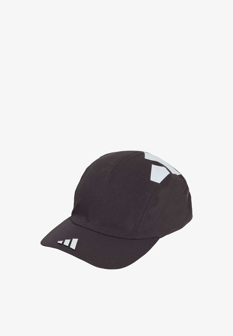 Black cap with a curved brim. Made of lightweight, matte fabric. Features reflective accents and three white stripes on the side.