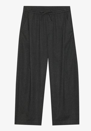 Pantalones de pierna ancha gris oscuro con cintura elástica y cordón ajustable en la parte delantera, que cuentan con bolsillos laterales y un ajuste relajado.