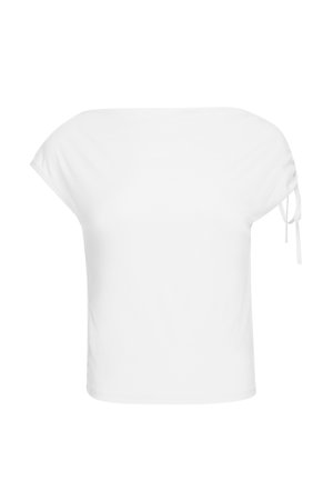 White short-sleeve top with a wide neckline and a drawstring detail on the right shoulder, displayed on a plain background.