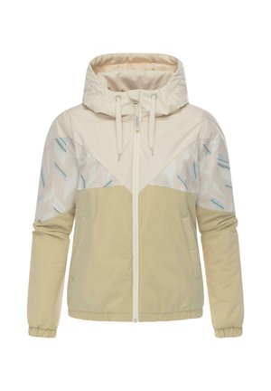 Leichte, beige Jacke mit Kapuze, die ein geometrisches Muster in hellcreme und blauen Tönen aufweist. Elastische Bündchen und ein Frontreißverschluss.