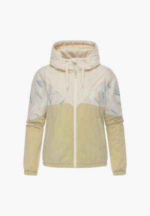 Gaišs, bēšs jakas ar kapuci, kurai ir ģeometrisks raksts gaiši krēmkrāsas un zilās krāsās. Elastīgas aproces un priekšējais rāvējslēdzis.