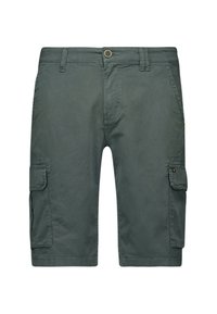 Grijze katoenen cargoshorts met zijzakken en knoopsluiting, met een rechte pijp en een gladde textuur.