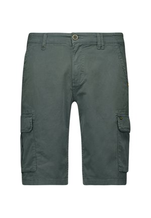 Grijze katoenen cargoshorts met zijzakken en knoopsluiting, met een rechte pijp en een gladde textuur.