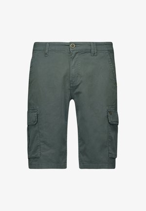 Grijze katoenen cargoshorts met zijzakken en knoopsluiting, met een rechte pijp en een gladde textuur.
