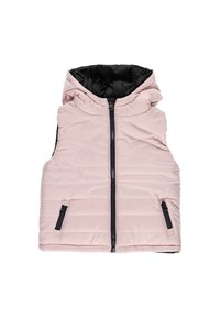 Jasnoróżowa kamizelka puchowa z czarnym kapturem, zamek błyskawiczny z przodu i bocznymi kieszeniami. Posiada pikowaną fakturę oraz kontrastowe granatowe akcenty.
