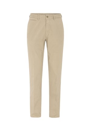 Beige cotton chinos with a slim fit, featuring a zip fly, button closure, and side pockets. Smooth texture and minimalist design.