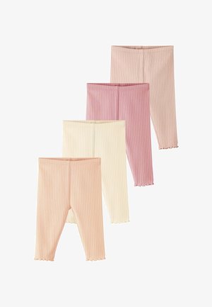 Quatre paires de leggings côtelés dans des couleurs pastel douces : rose clair, rose foncé, crème et pêche clair, avec des ourlets en forme de scallop aux chevilles.