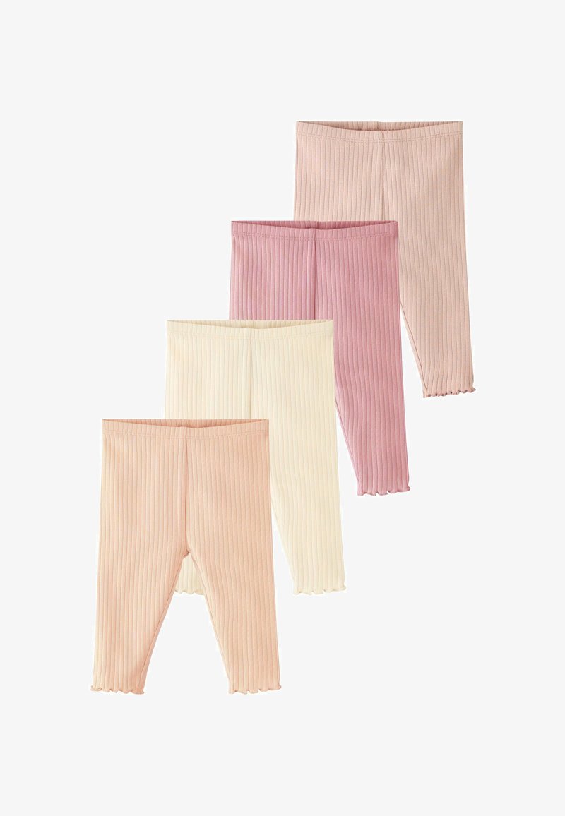 Vier paren geribde leggings in zachte pastelkleuren: lichtroze, donkerroze, crème en lichtperzik, met gegolfde enkelranden.