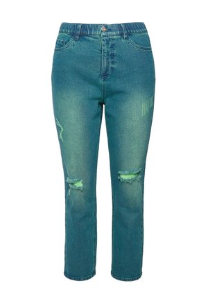 Jeans de mezclilla azul con un ajuste relajado, cintura de altura media, rodillas desgastadas y dobladillos sin rematar, con un ligero desgastado y una ligera elasticidad.