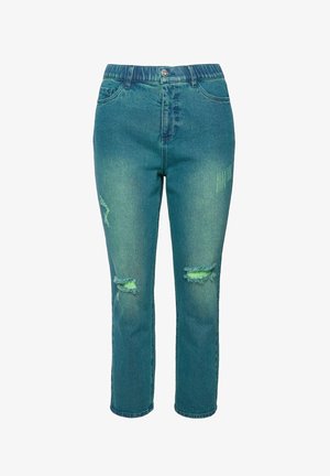 Blaue Denim-Jeans mit lockerer Passform, mittelhohem Bund, gerissenen Knien und rohen Säumen, mit subtiler Ausbleichung und leichtem Stretch.
