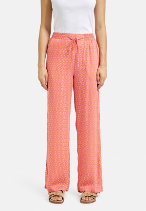 Pink wide-leg trousers with a geometric yellow pattern, featuring an elastic waistband and drawstring for adjustable fit.