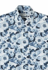 Men’s slim fit shirt with blue and white floral and leaf pattern, button-front, and classic collar.