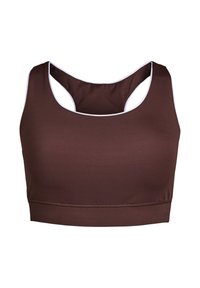 Brun stof sports-bh med en scoop neck, racerback-design og kontrastfarvet hvid kant langs halsudskæring og ærmegab. Glat tekstur.
